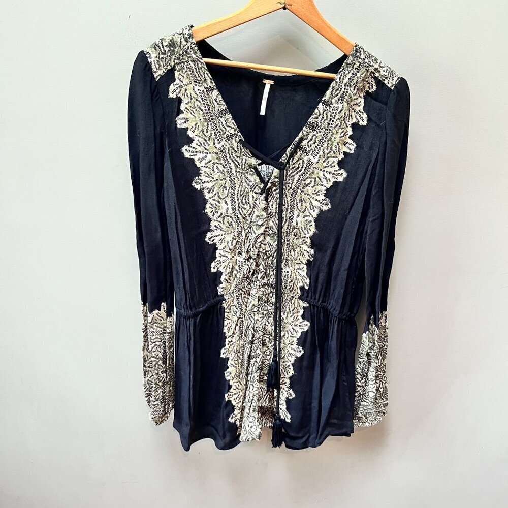 Free People Women's Wildest Moment Black Tunic Top Long‎ Sleeve- Size M